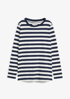 bonprix bonprix Básicos|Camisetas>Camiseta a rayas de algodón orgánico puro azul marino/blanco lana con rayas