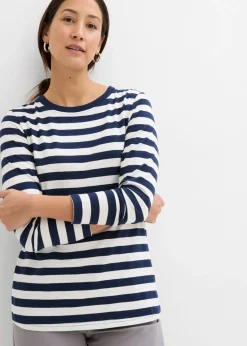 bonprix bonprix Básicos|Camisetas>Camiseta a rayas de algodón orgánico puro azul marino/blanco lana con rayas