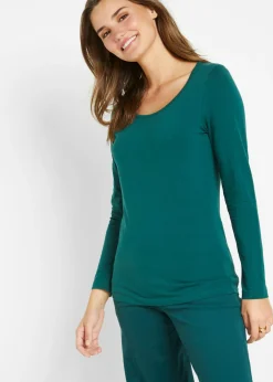 bonprix bonprix Básicos|Camisetas>Camiseta ajustada de manga larga Verde petróleo