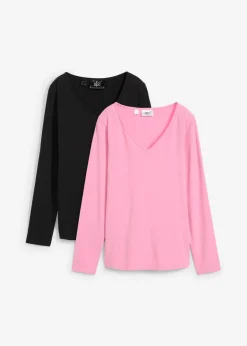 bonprix bonprix Básicos|Camisetas>Camiseta ajustada de manga larga (2 unidades) Rosa orquídea+negro