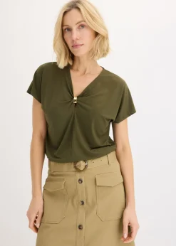 bonprix bonprix Camisetas>Camiseta con anillo decorativo Verde oliva oscuro