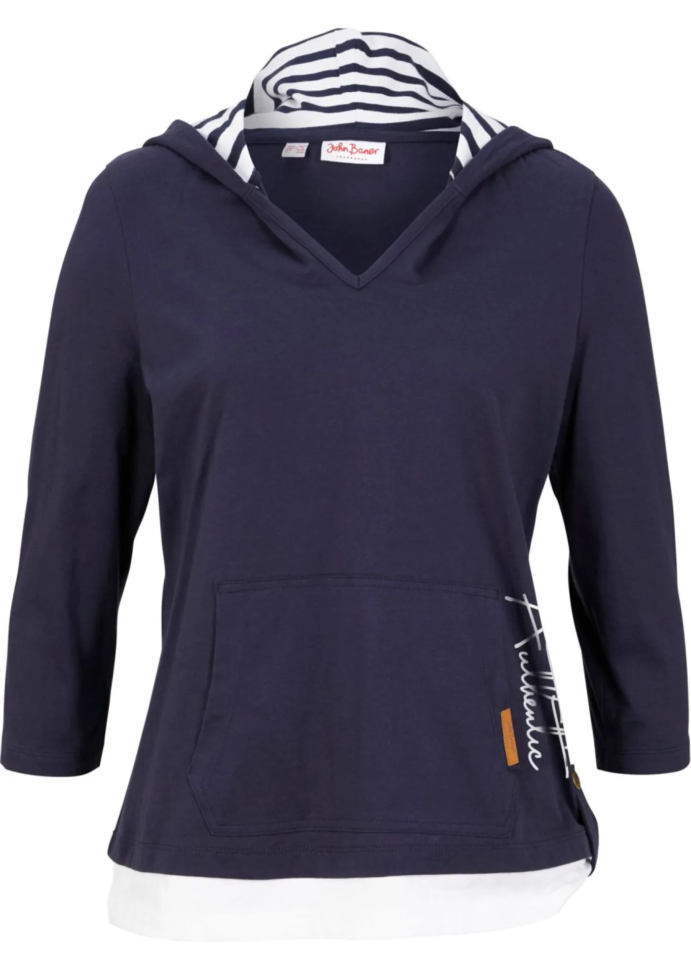 bonprix bonprix Camisetas|Novedades>Camiseta con capucha de algodón puro con mangas 3/4 Azul marino estampado