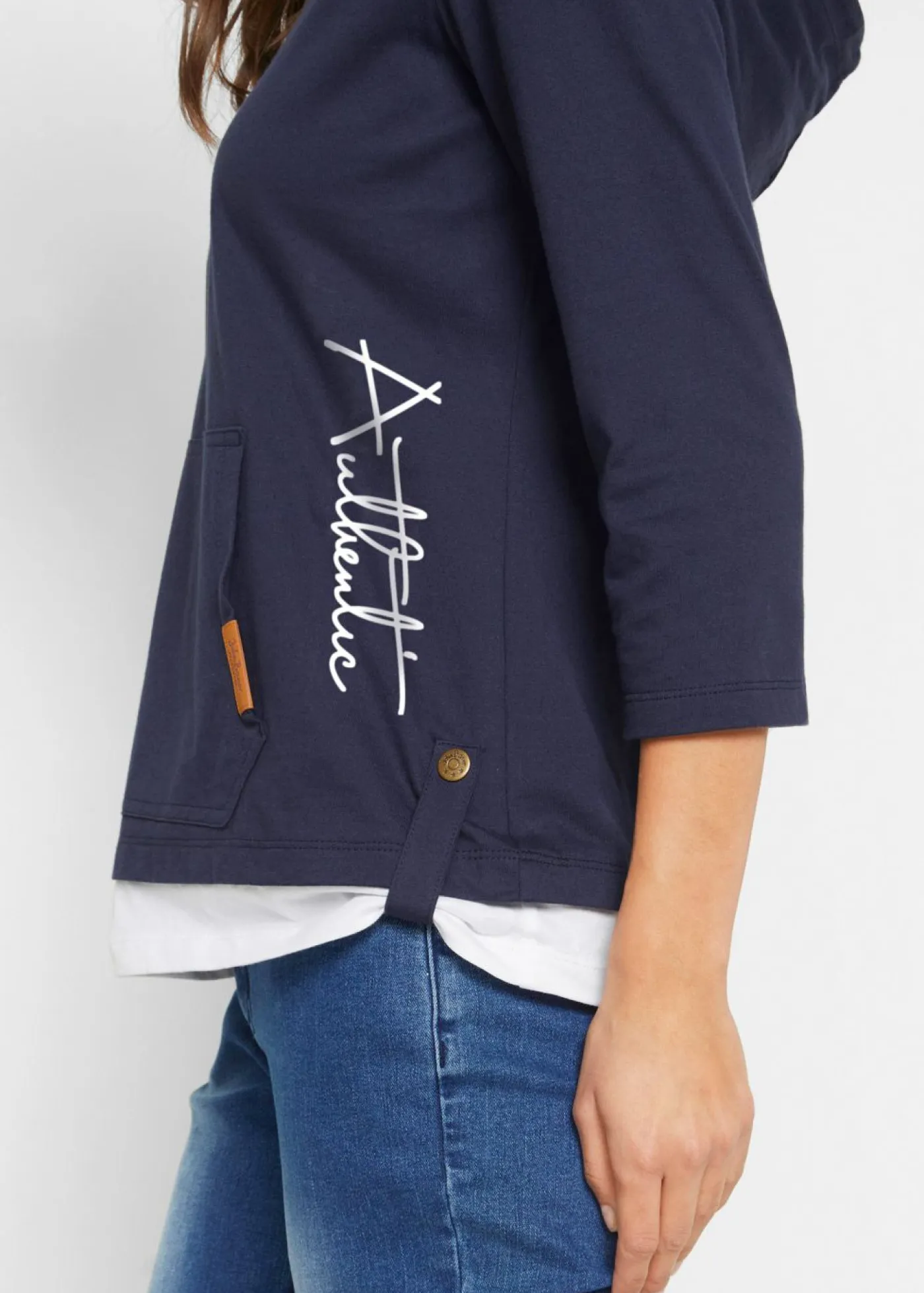 bonprix bonprix Camisetas|Novedades>Camiseta con capucha de algodón puro con mangas 3/4 Azul marino estampado