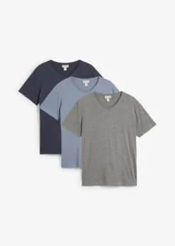 bonprix bonprix Básicos En Rebajas|Camisetas Y Polos>Camiseta con cuello en V (3 unidades) Azul oscuro + azul ahumado + gris jaspeado