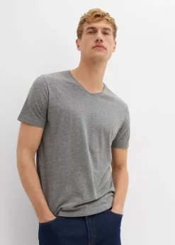 bonprix bonprix Básicos En Rebajas|Camisetas Y Polos>Camiseta con cuello en V (3 unidades) Azul oscuro + azul ahumado + gris jaspeado