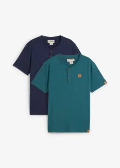 bonprix bonprix Básicos En Rebajas|Camisetas Y Polos>Camiseta con cuello henley (2 unidades) de algodón orgánico puro Verde pimiento/azul marino