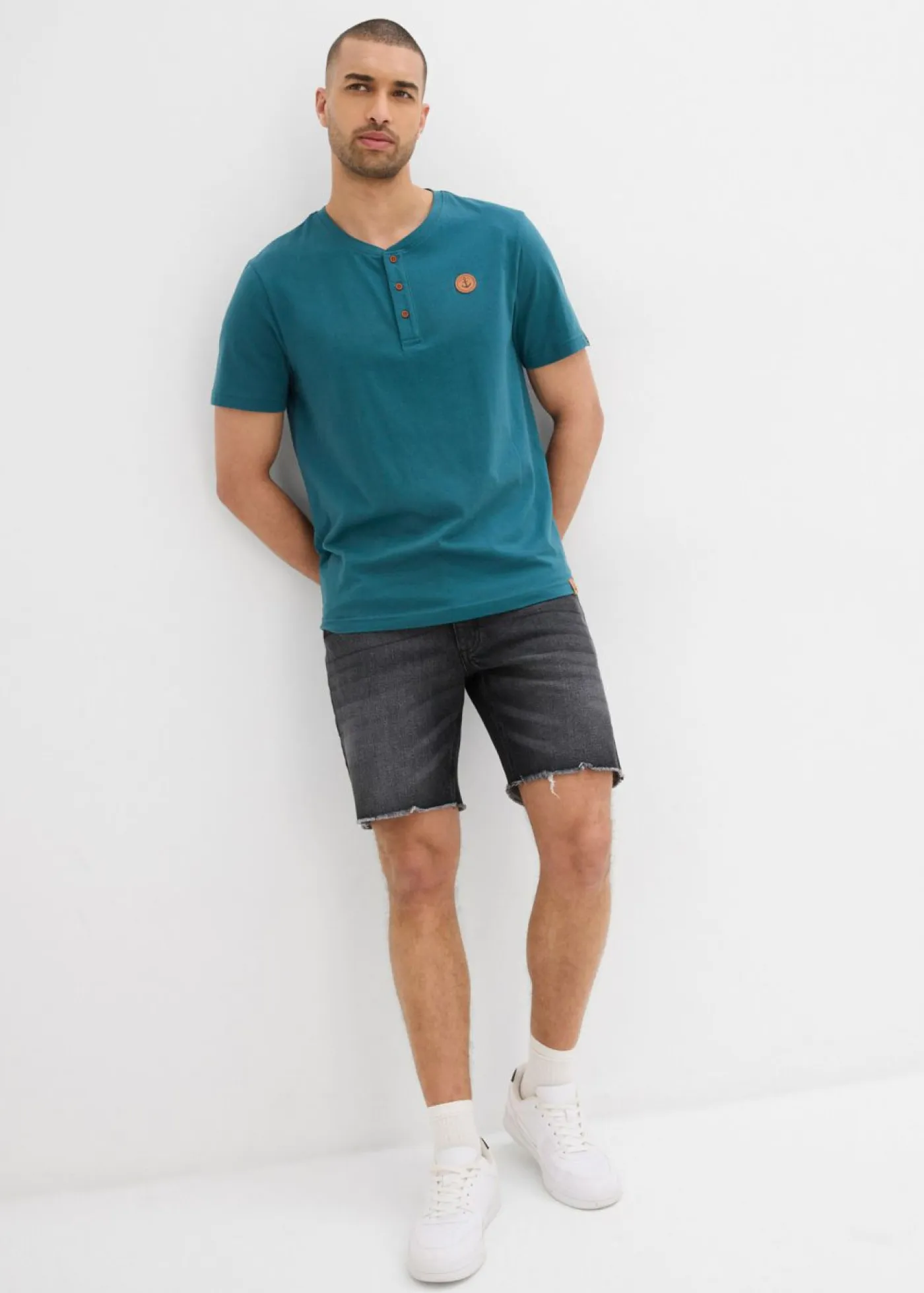 bonprix bonprix Básicos En Rebajas|Camisetas Y Polos>Camiseta con cuello henley (2 unidades) de algodón orgánico puro Verde pimiento/azul marino