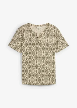 bonprix bonprix Camisetas Y Polos>Camiseta con cuello henley de algodón puro gris guijarro/verde oliva oscuro