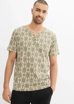 bonprix bonprix Camisetas Y Polos>Camiseta con cuello henley de algodón puro gris guijarro/verde oliva oscuro