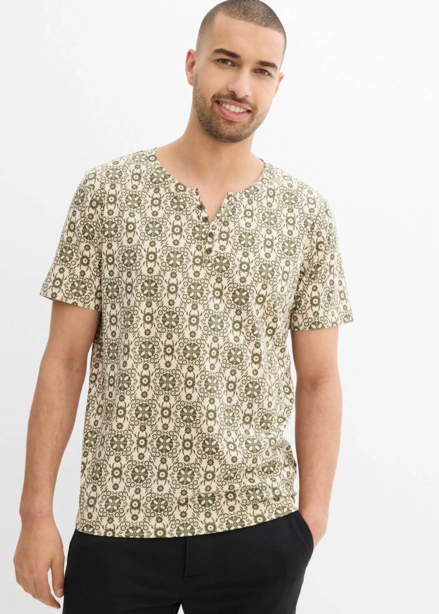 bonprix bonprix Camisetas Y Polos>Camiseta con cuello henley de algodón puro gris guijarro/verde oliva oscuro