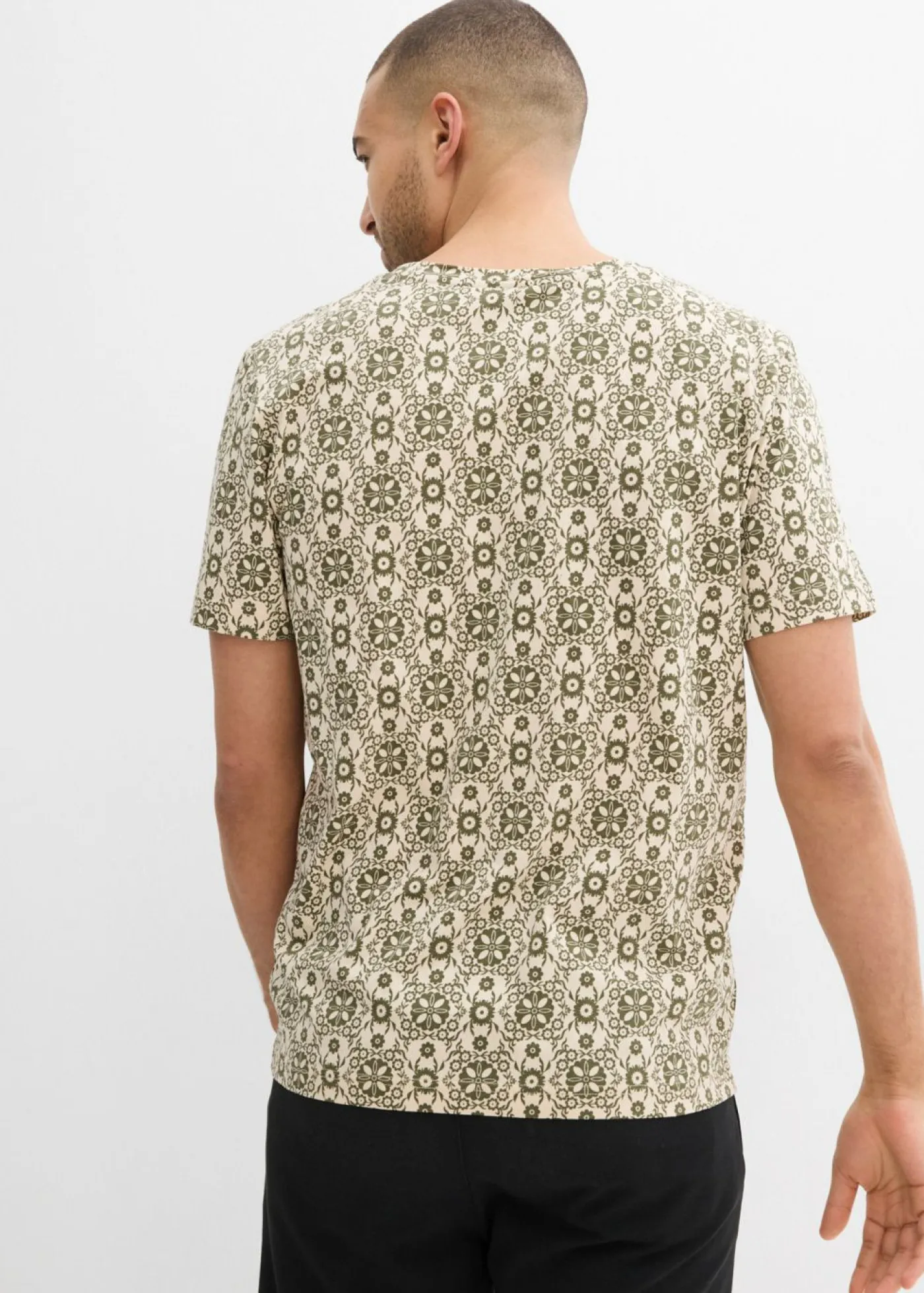 bonprix bonprix Camisetas Y Polos>Camiseta con cuello henley de algodón puro gris guijarro/verde oliva oscuro