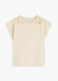 bonprix bonprix Camisetas>Camiseta con detalle de ganchillo Arena claro