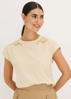 bonprix bonprix Camisetas>Camiseta con detalle de ganchillo Arena claro
