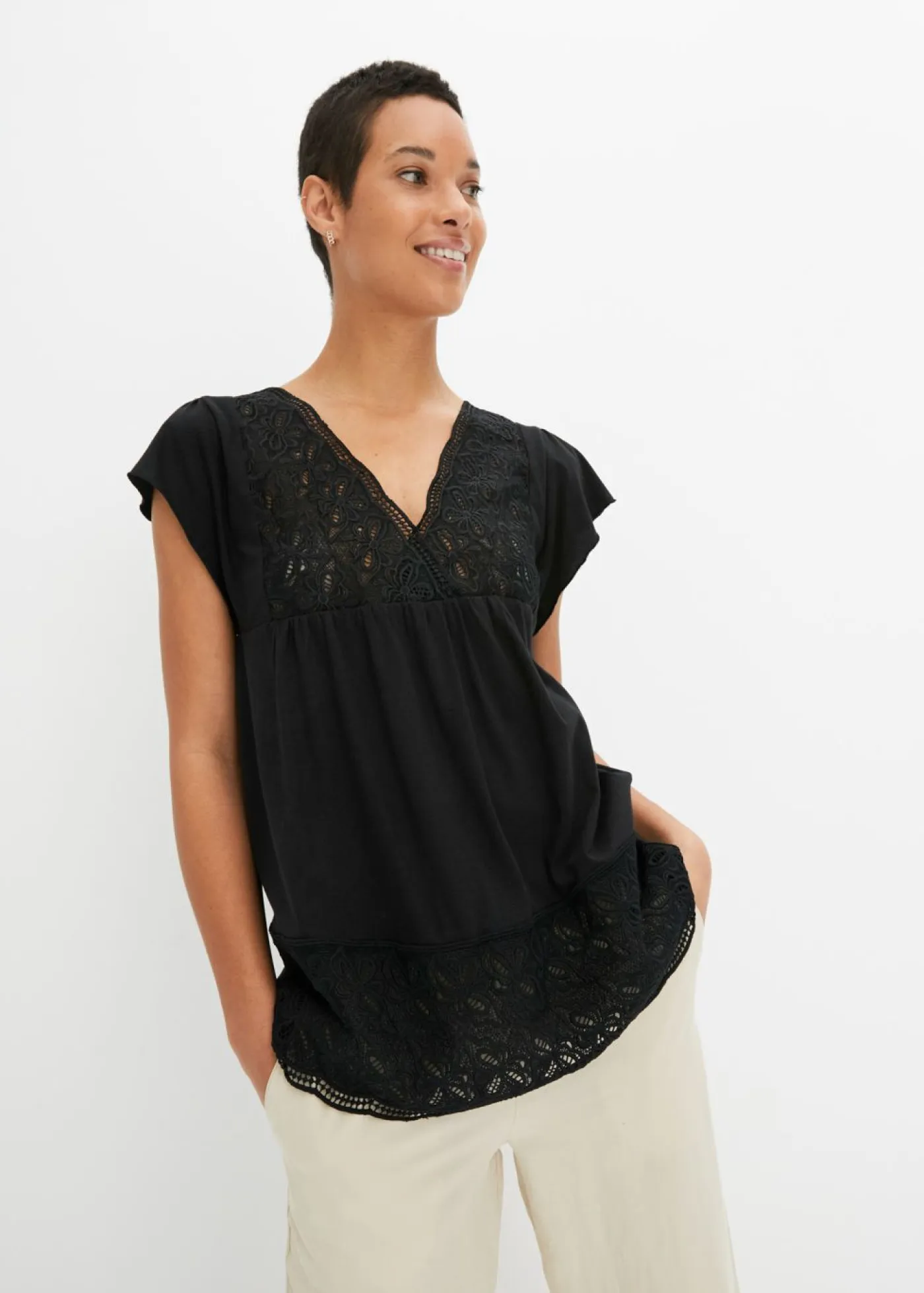 Mujer bonprix bonprix Camiseta con encaje en el escote