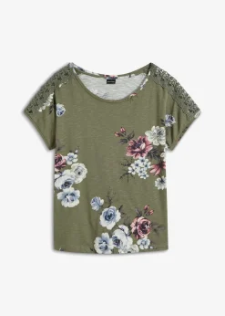 bonprix bonprix Camisetas>Camiseta con encaje estampada Verde oliva de flores
