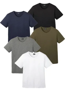 bonprix bonprix Básicos En Rebajas|Camisetas Y Polos>Camiseta con escote en V (5 unidades) Blanco + gris jaspeado + verde oliva oscuro + azul marino + negro