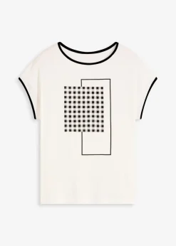 bonprix bonprix Camisetas>Camiseta con estampado colocado y ribete en contraste Negro-blanco lana