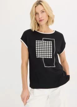 bonprix bonprix Camisetas>Camiseta con estampado colocado y ribete en contraste Negro-blanco lana