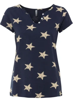 bonprix bonprix Camisetas>Camiseta con estampado de estrellas y algodón puro Azul marino/beige estampado