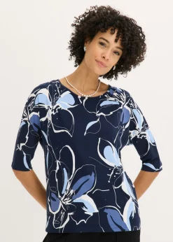 bonprix bonprix Camisetas|Novedades>Camiseta con estampado de flores Azul marino-blanco lana de flores