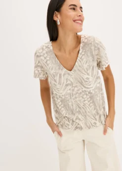 bonprix bonprix Camisetas>Camiseta con goma elástica Gris guijarro con estampado de leopardo