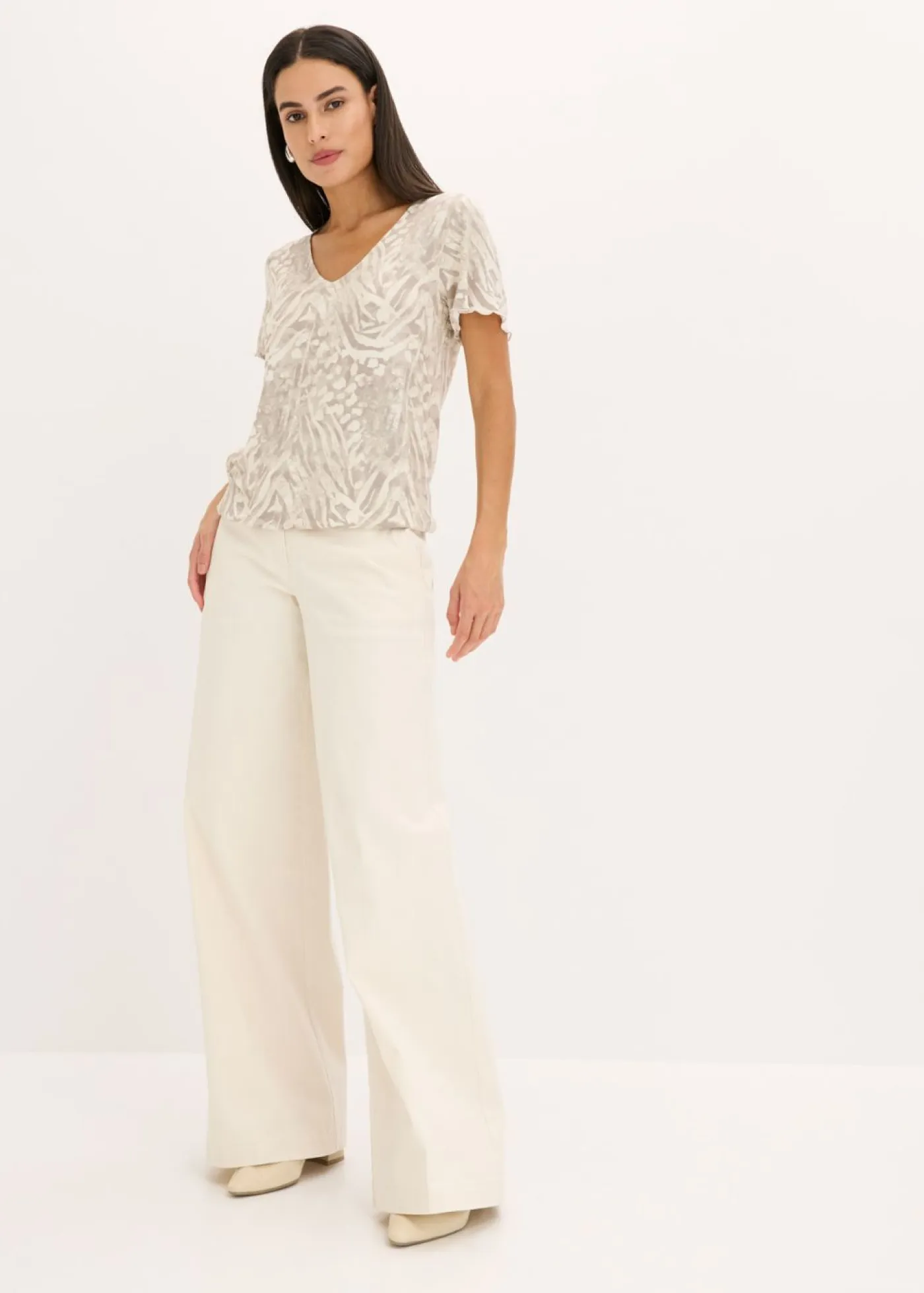 bonprix bonprix Camisetas>Camiseta con goma elástica Gris guijarro con estampado de leopardo