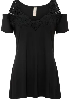 bonprix bonprix Camisetas>Camiseta con hombros al descubierto y encaje Negro