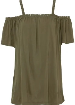 bonprix bonprix Camisetas>Camiseta con hombros al descubierto de viscosa suave Verde oliva oscuro