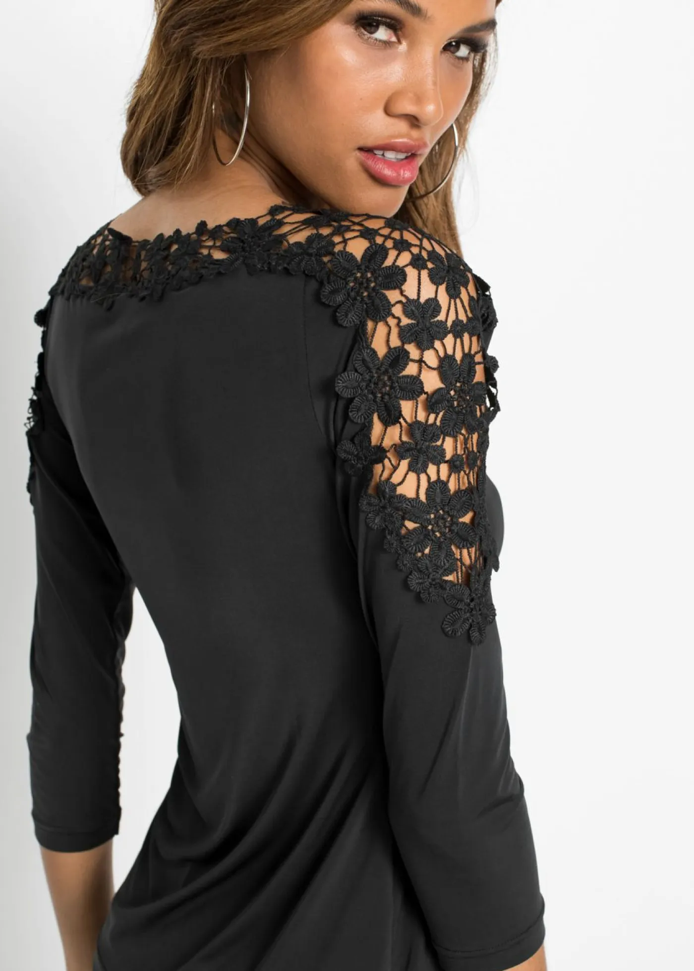 Mujer bonprix bonprix Camiseta con inserto de ganchillo y mangas 3/4