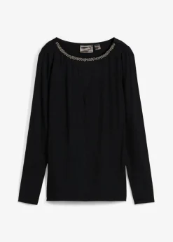 bonprix bonprix Camisetas>Camiseta con inserto de malla y piedras brillantes Negro