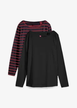 bonprix bonprix Básicos|Camisetas>Camiseta con manga larga y escote barco (2 unidades) negro / rubí