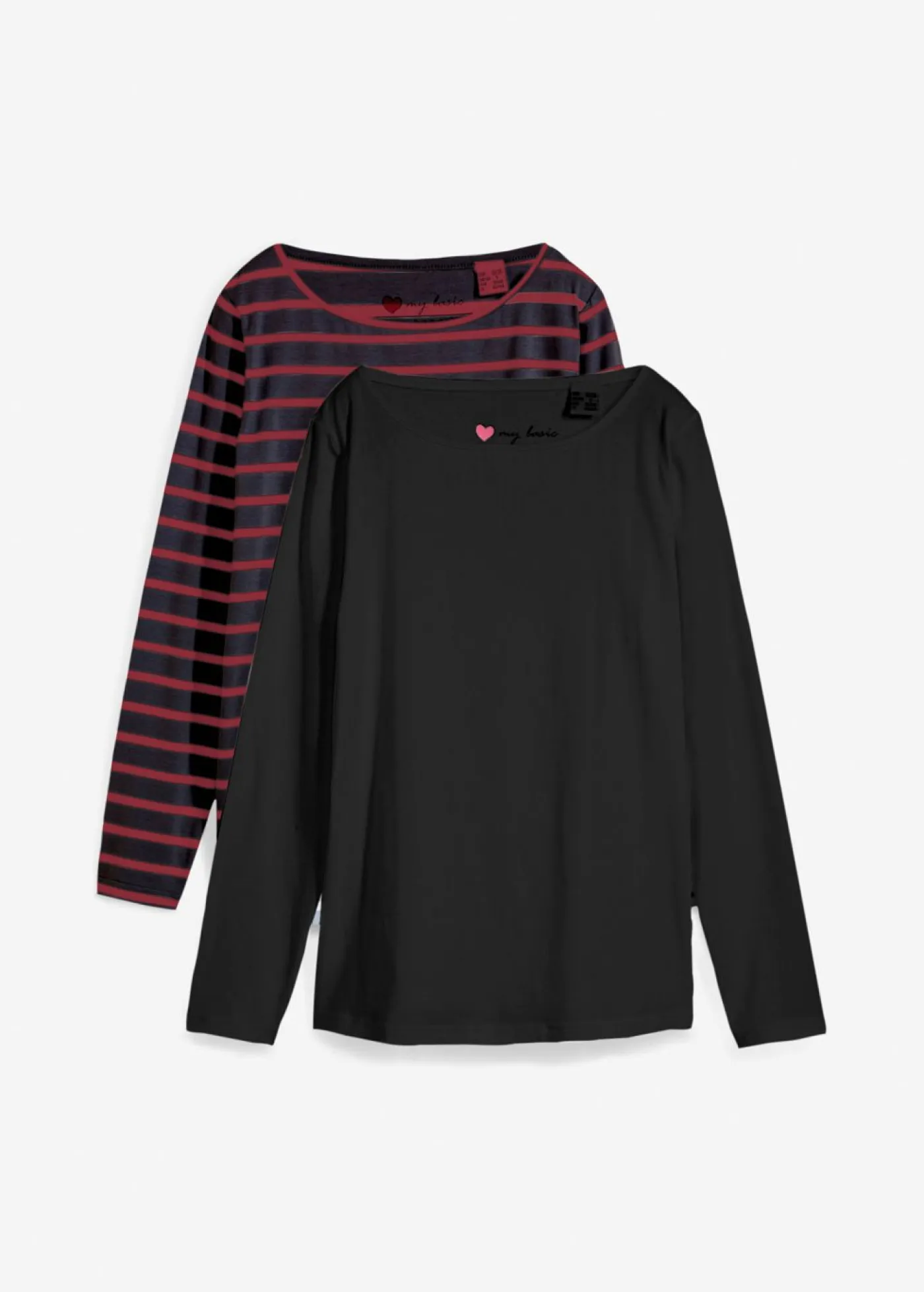 bonprix bonprix Básicos|Camisetas>Camiseta con manga larga y escote barco (2 unidades) negro / rubí