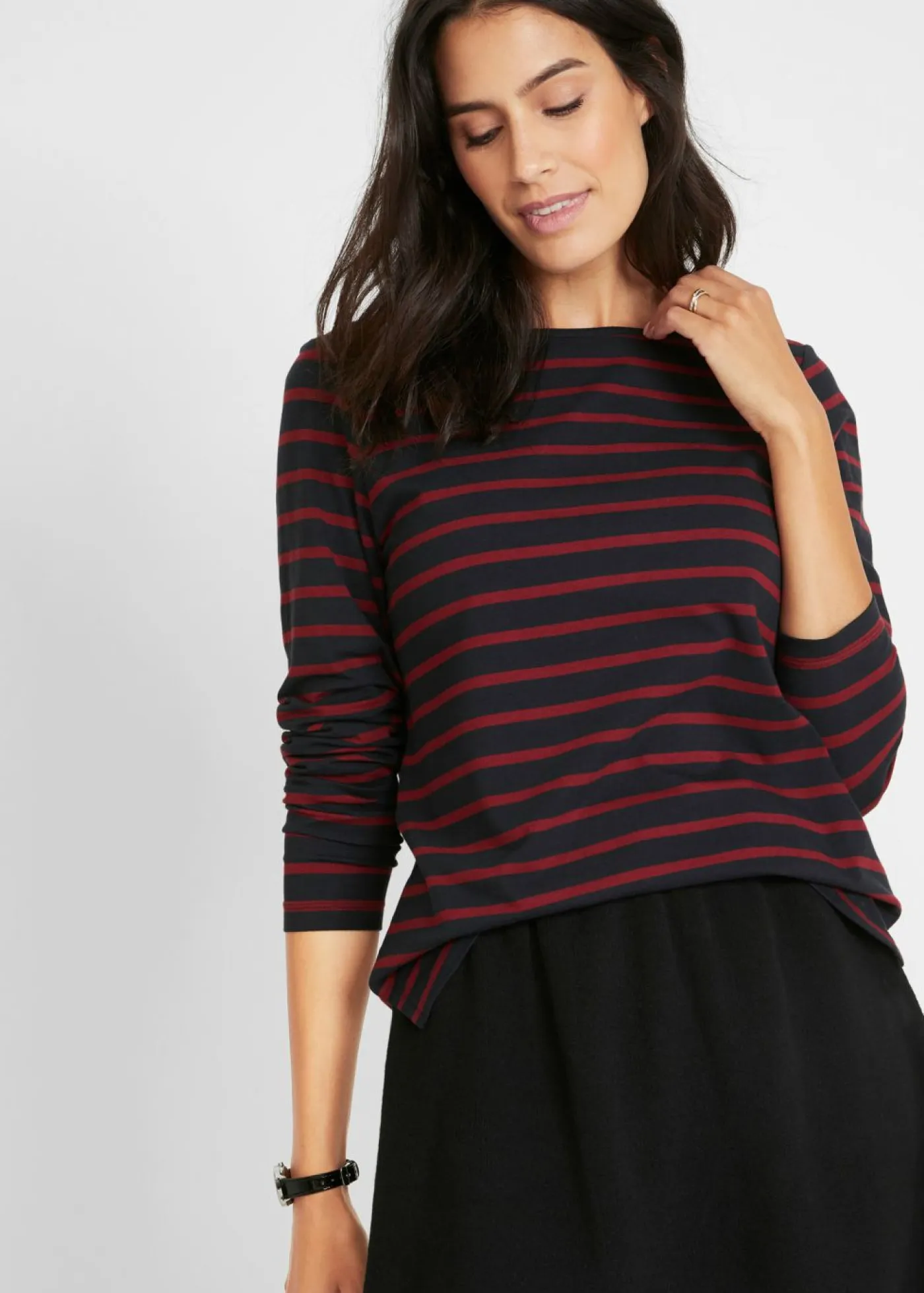 bonprix bonprix Básicos|Camisetas>Camiseta con manga larga y escote barco (2 unidades) negro / rubí