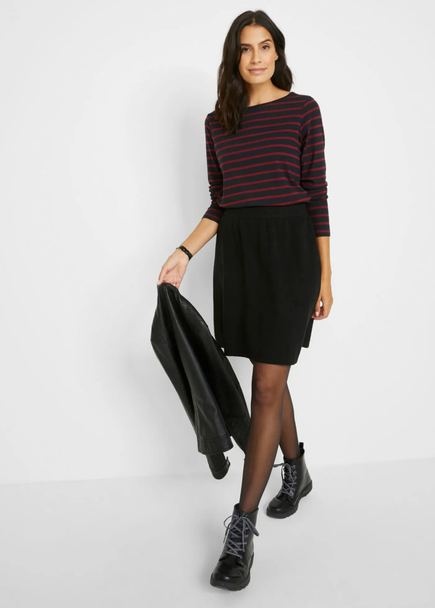 bonprix bonprix Básicos|Camisetas>Camiseta con manga larga y escote barco (2 unidades) negro / rubí