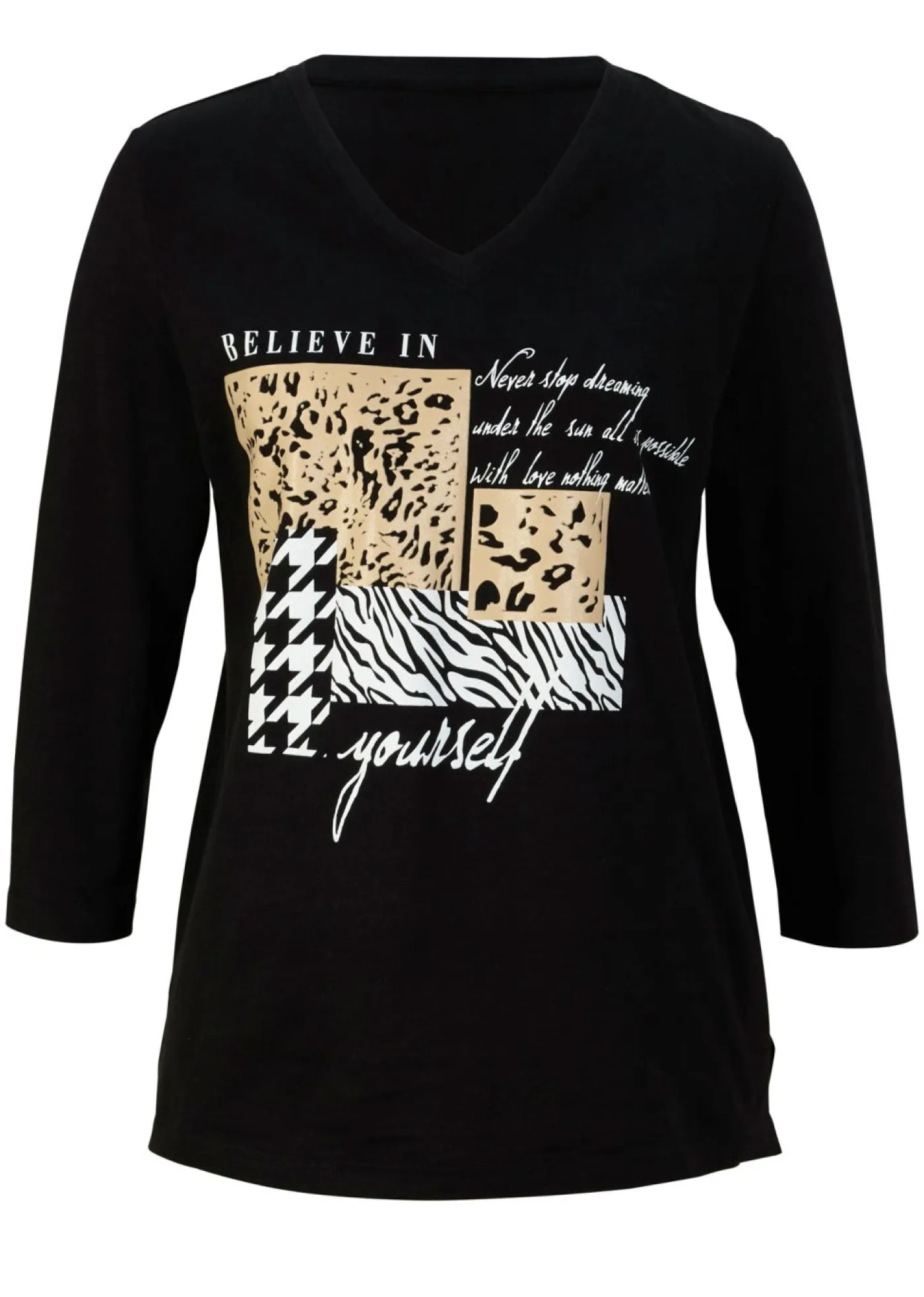 bonprix bonprix Camisetas>Camiseta con mangas 3/4 Negro/gris/capuchino estampado