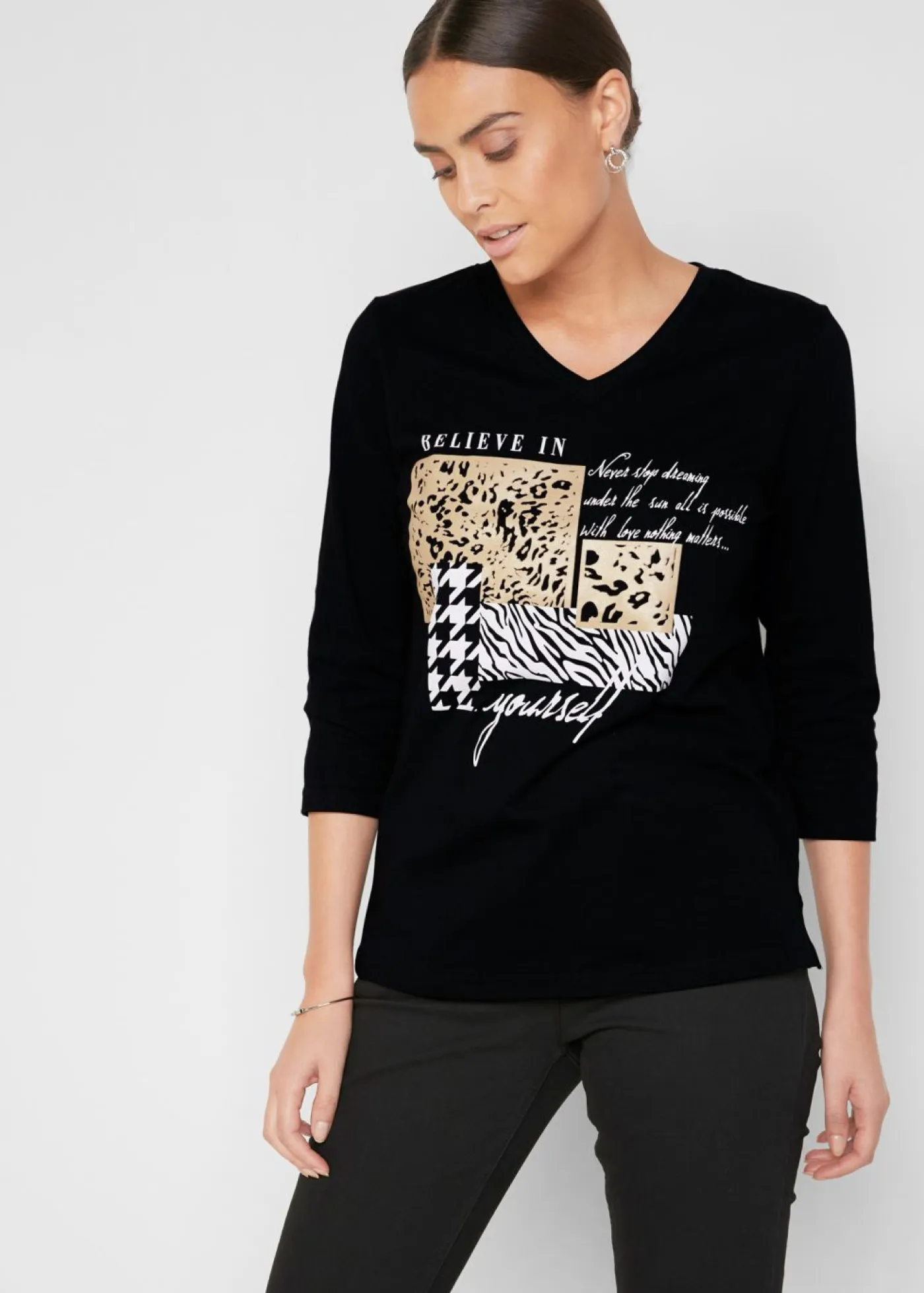 bonprix bonprix Camisetas>Camiseta con mangas 3/4 Negro/gris/capuchino estampado