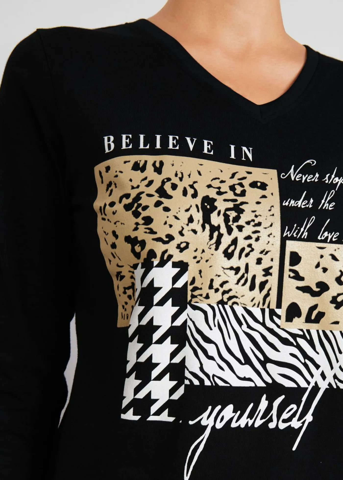 bonprix bonprix Camisetas>Camiseta con mangas 3/4 Negro/gris/capuchino estampado