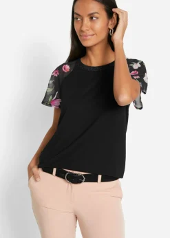 bonprix bonprix Camisetas>Camiseta con mangas de gasa Negro de flores