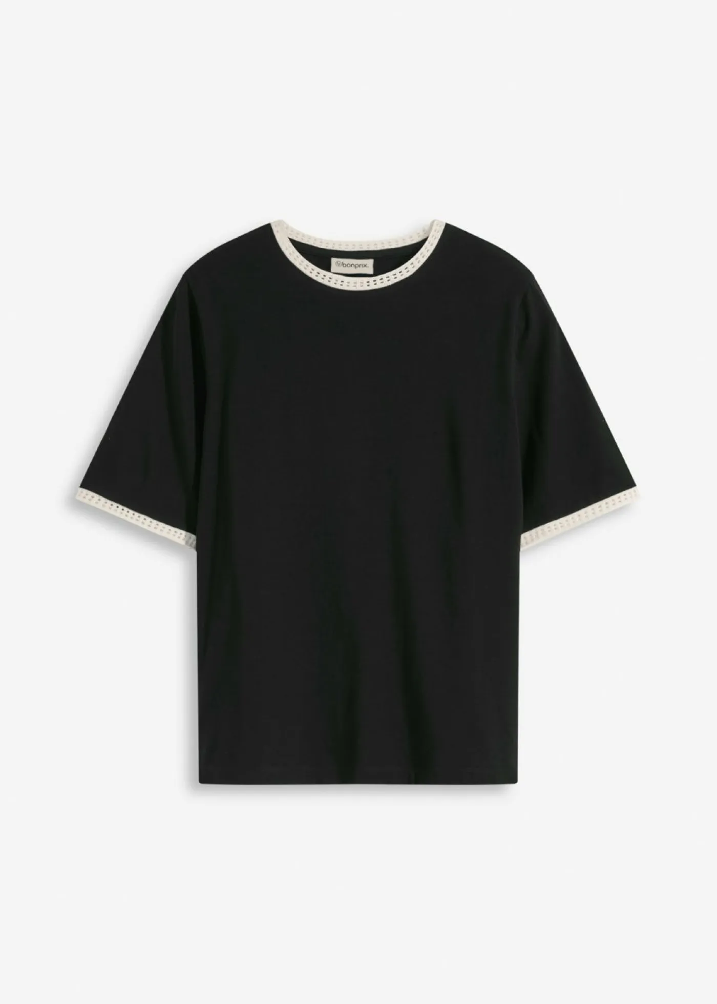 bonprix bonprix Camisetas|Novedades>Camiseta con ribete de encaje Negro-blanco lana