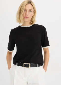 bonprix bonprix Camisetas|Novedades>Camiseta con ribete de encaje Negro-blanco lana