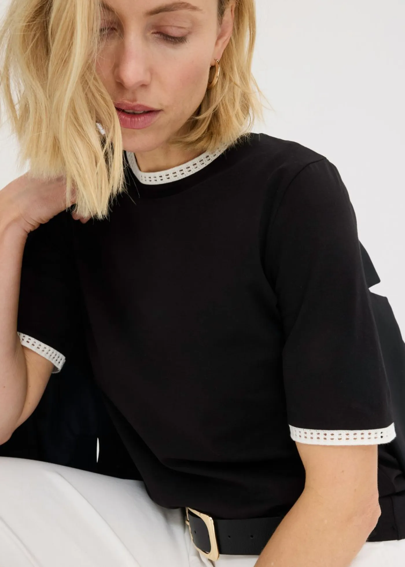 bonprix bonprix Camisetas|Novedades>Camiseta con ribete de encaje Negro-blanco lana