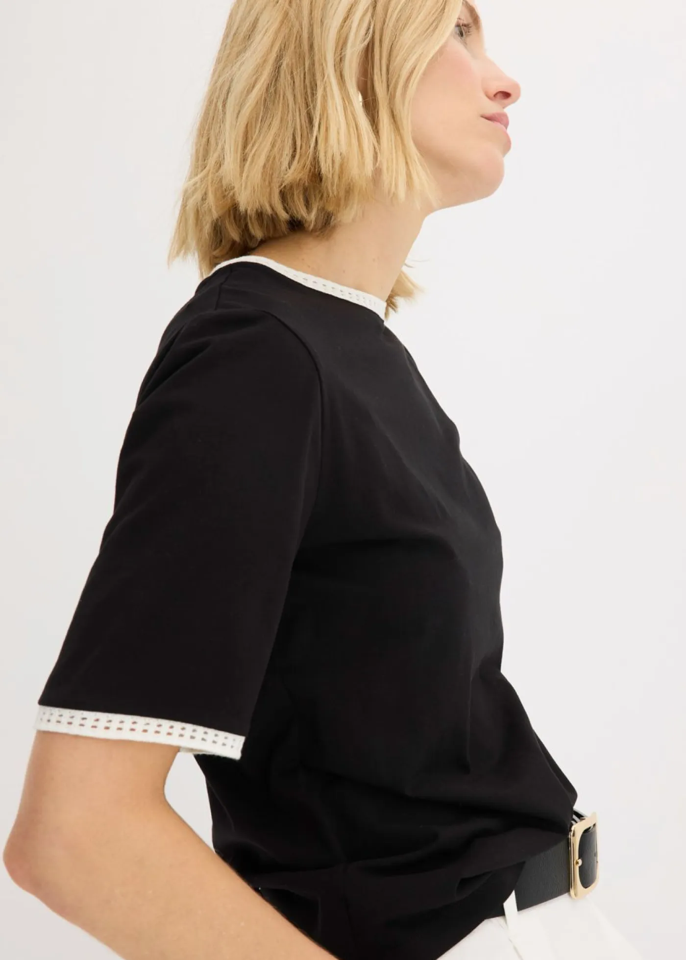 bonprix bonprix Camisetas|Novedades>Camiseta con ribete de encaje Negro-blanco lana