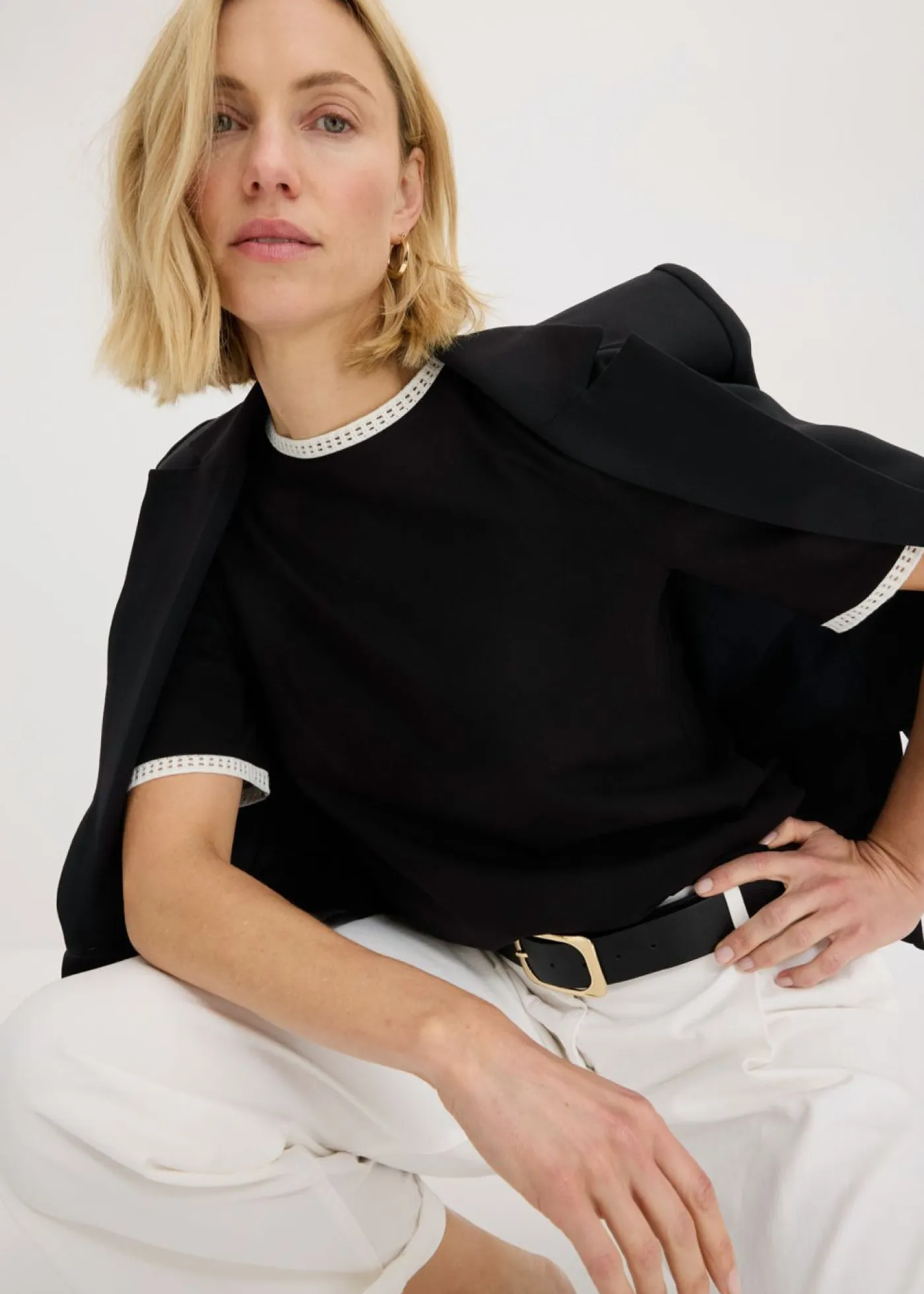 bonprix bonprix Camisetas|Novedades>Camiseta con ribete de encaje Negro-blanco lana