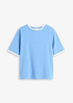 bonprix bonprix Camisetas|Novedades>Camiseta con ribete de encaje azul provenzal-blanco lana