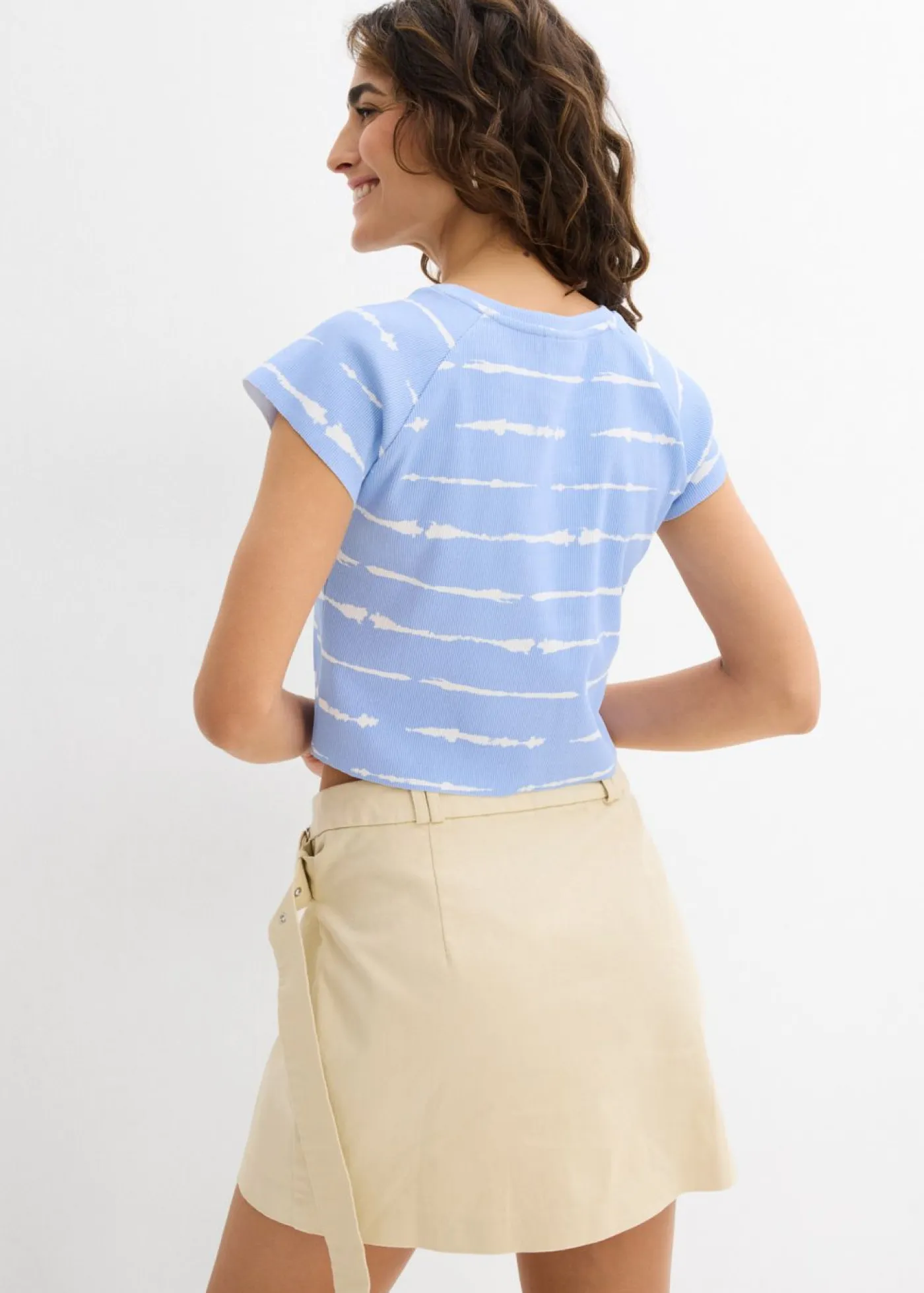 bonprix bonprix Camisetas>Camiseta corta de canalé Azul perla-blanco estampado