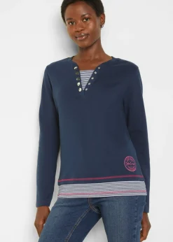 bonprix bonprix Camisetas>Camiseta de algodón 2 en 1 con manga larga Azul marino/pink lady/blanco de rayas