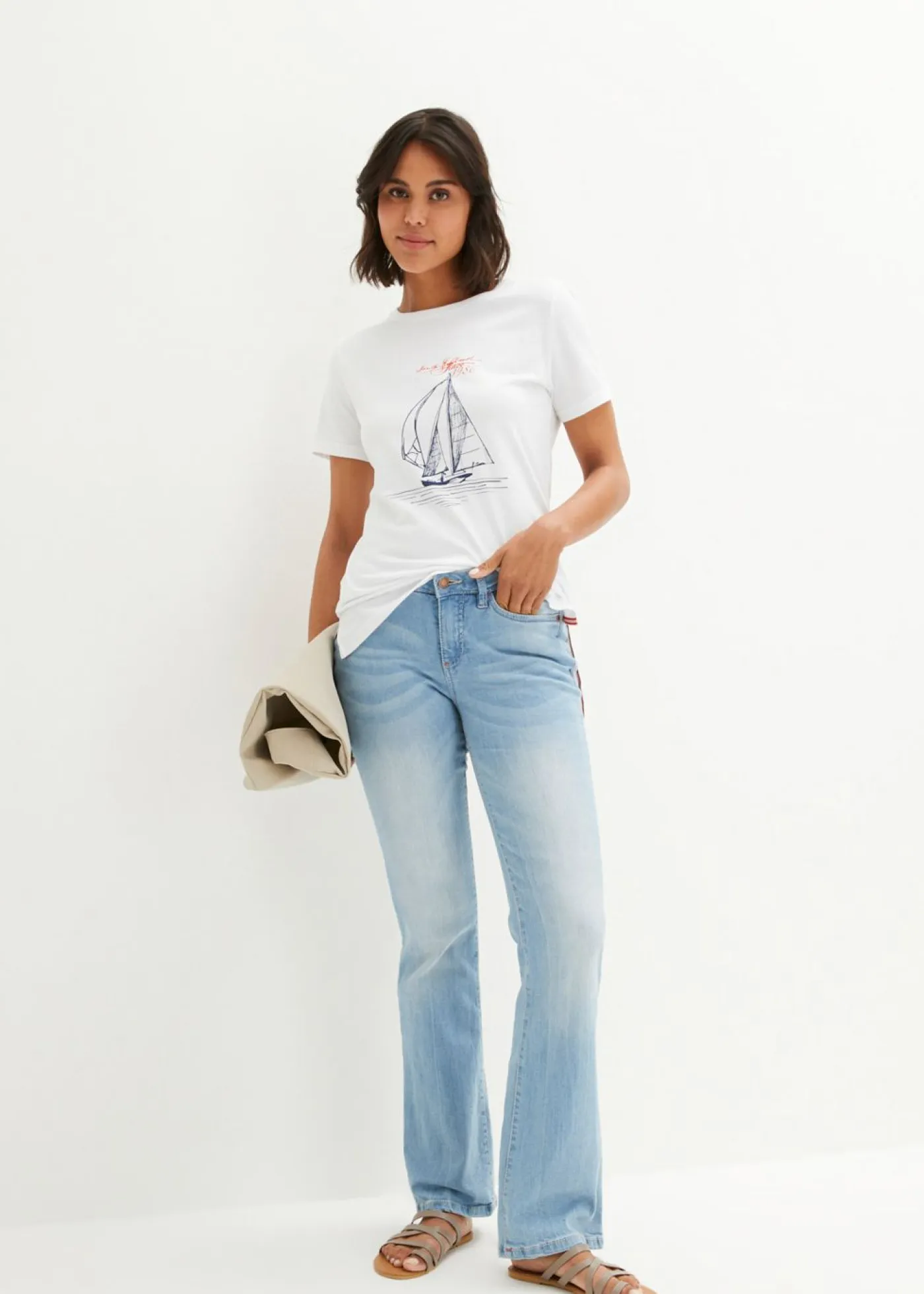 bonprix bonprix Camisetas>Camiseta de algodón con abertura lateral y estampado Blanco estampado