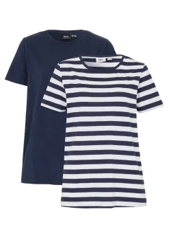 bonprix bonprix Básicos|Camisetas>Camiseta de algodón con cuello redondo (2 unidades) Blanco-azul marino con rayas
