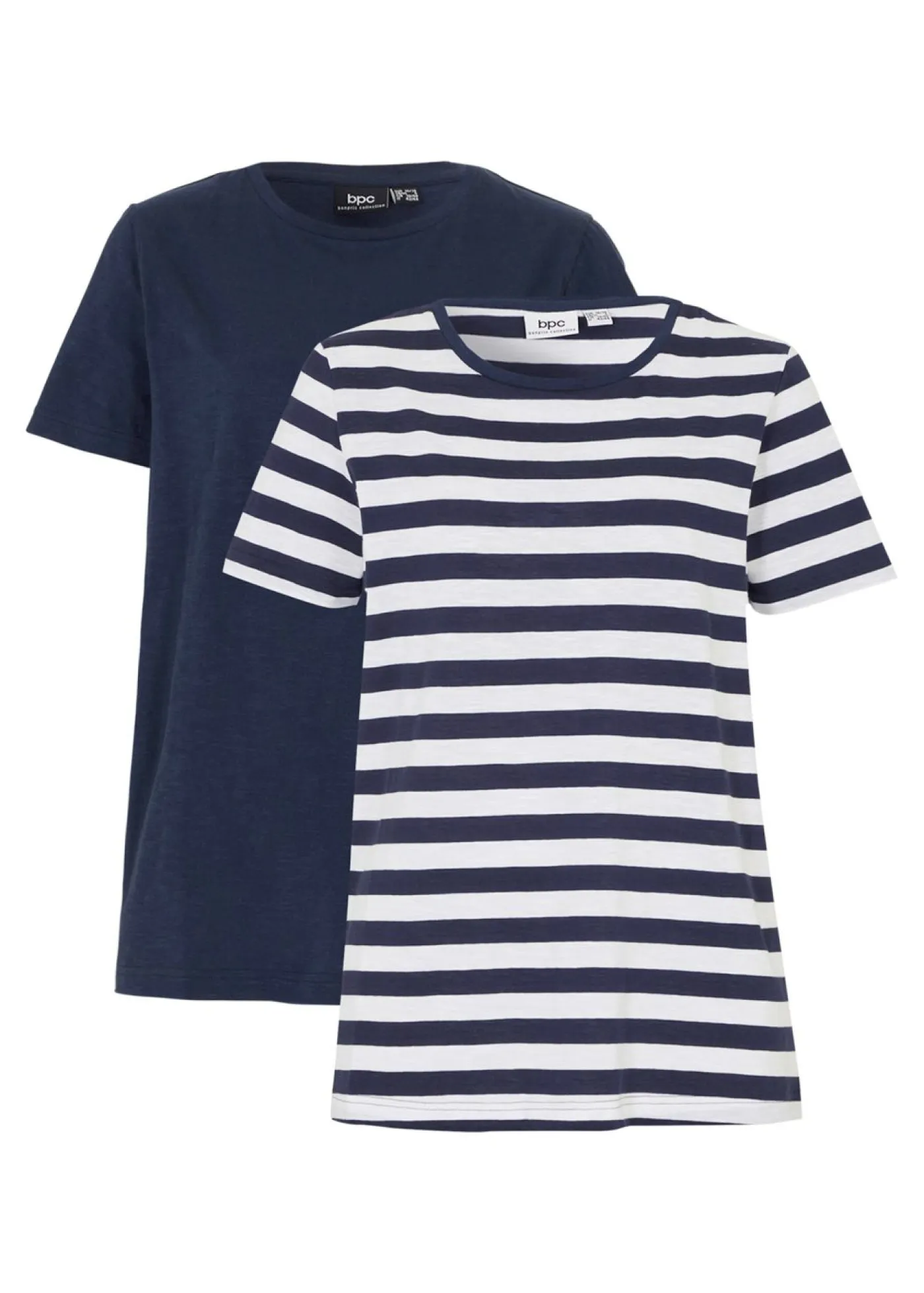 bonprix bonprix Básicos|Camisetas>Camiseta de algodón con cuello redondo (2 unidades) Blanco-azul marino con rayas