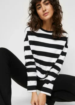 bonprix bonprix Básicos|Camisetas>Camiseta de algodón interlock puro con manga larga Negro-blanco con rayas